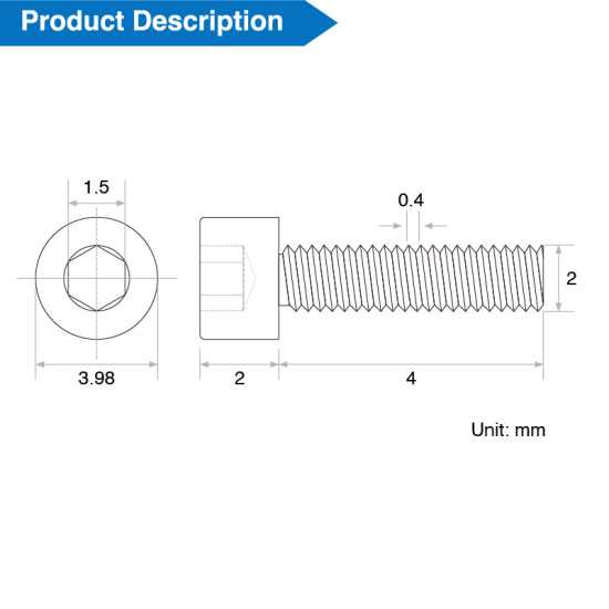 M2-0.4 x 4mm L | 1.5mm Hex Drive Socket Head Cap Screw